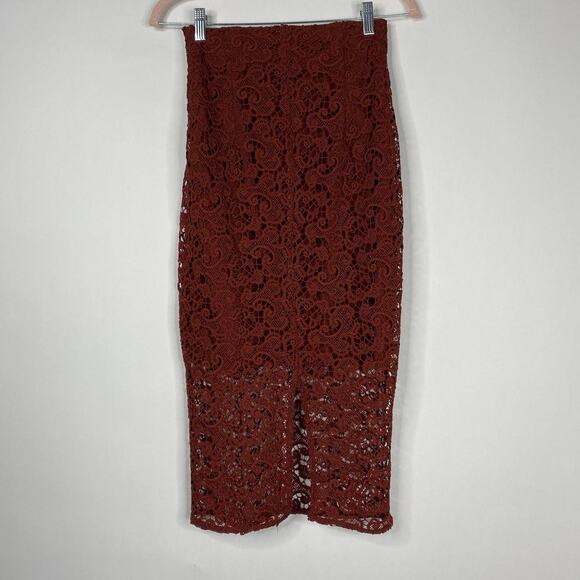 2/$30 ZARA Guipure Lace Crochet Pencil Skirt XS Terracotta Back Slit Midi #6361 - Picture 8 of 14